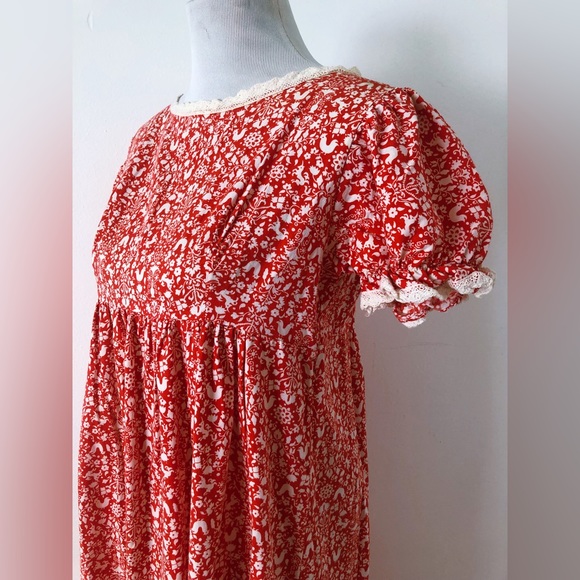 Vintage Rare 60s Unicorn Floral Folk Print Prairie Dress / Ruffles Puff Sleeves - Picture 2 of 15